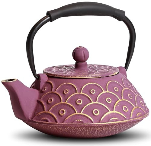 Gusseisen Teekanne, 800 ml Teekessel, herdgeeignet mit Teesieb für Tee und Kaffee, japanisches traditionelles Fischschuppenmuster, emaillierte Innenseite, Silikongriff