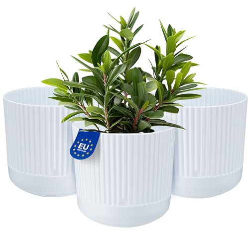KONZEPT 3er Set Blumentöpfe mit Untersetzer, 16 cm Durchmesser, Übertopf in Weiß, 2,4 L, Pflanzentopf Geriffelt aus Kunstoff