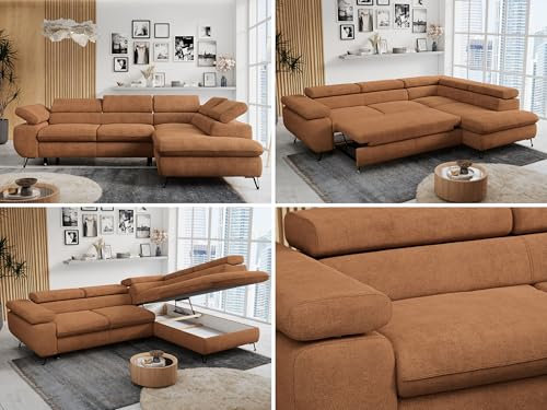 MKS MEBLE Ecksofa Sofa Orange, Wohnlandschaft L-Form mit Schlaffunktion und Bettkasten, Schlafsofa mit Bettkasten, Sofa mit Einstellbare Kopfstützen, Peter L - Orange Struktur - Rechts Orange