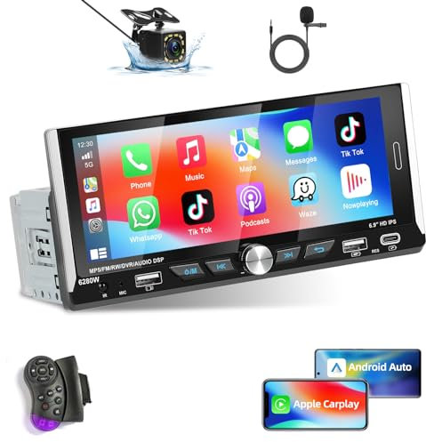 Podofo Radio de Coche Carplay Inalámbrica 1 DIN con Android Auto, Bluetooth con Pantalla de Radio de Coche de 6,9 Pulgadas Soporta Conexión de Espejo RDS, Cámara de Visión Trasera y Micrófono