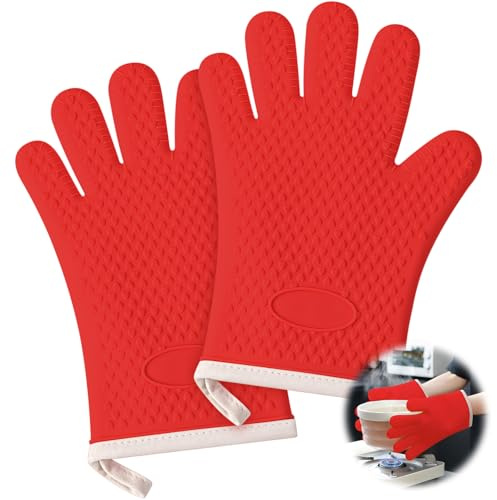 Ofenhandschuhe aus verdicktem Silikon, hitzebeständig, 2 Stück, Silikon-Ofenhandschuhe mit Fingern, wasserdicht und rutschfest, Küchenhandschuhe für Grillen, Kochen, Küche (rot)