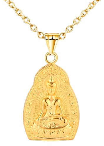 INFINIONLY Herren Edelstahl Buddha Ketten Halskette: Gold Buddha Anhänger mit 55cm Kette - Vintage Religiöse Glaubenszubehör Schmuck Accessoires - Amulett Dekoration für Jugend