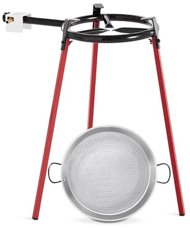 TIENDA EURASIA – Set Paellero de Gas | 3 Patas Reforzadas de 85 cm de alto + Paellera Pulida Color Plata + Quemador Redondo | Apto para Exterior | Color Negro y Rojo | Soporta hasta 60 Kg (38 cm)