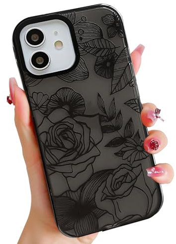 ECZOIL Compatible for iPhone 12/12 Pro Case, Cute Rose Flower Floral Clear Cover for Women Girl Ultra Slim Soft TPU Shockproof Anti-Yellow Protective Phone Case - Black