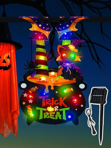 APODESS Solar Hexenbeine Halloween Deko Outdoor Hexe Garten Hexenkessel Beleuchtung Hängedeko Kessel Hängend Hexen Licht für Draußen Wandbehang Hexenparty