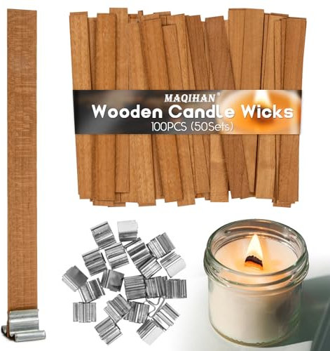 MAQIHAN 100 Tabletten Holzdochte für Kerzen - Knister Kerzendocht Holzdocht Dochte für Kerzen Knisterkerze Docht Holz Kerzen Zubehör für Sojawachs Bienenwachs Herbst Duftkerzen Machen (50 Sätze)