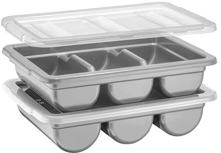 2 Pack - Cutlery Bin with Lid, Commercial 3-Compartment Flatware Tray with Cover, Stackable Silverware Storage Plastic Container, Restaurant Condiments Holder, Covered Utensil Organizer Box, Gray