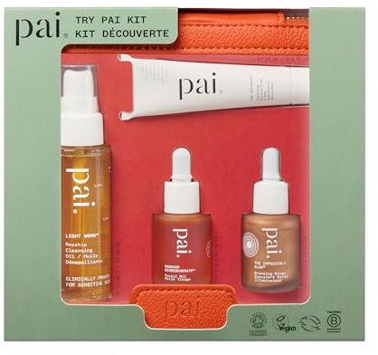Pai Skincare Try Pai Kit, 4-Piece Radiance-Boosting Skin Care Gift Set for All Skin Types, Includes Cleansing Oil, Face Oil, Face Cream Moisturiser & Bronzing Drops, in Vegan Leather Vanity Case | Cleansing Oil, Soothing Moisturizer, Bronzing Drops & Overnight Face Oil, Complete Routine for Sensitive Skin, Organic, Vegan