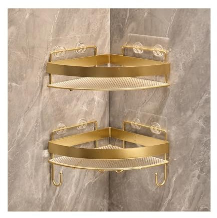 GLigeT Duschregal 2er-Pack Eck-Duschregale mit Haken, dreieckige Duschregale zur Wandmontage, Dusch-Organizer aus Acryl ohne Bohren mit Metallzaun for das Badezimmer Halterung Dusche(Gold)