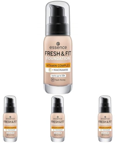 essence cosmetics FRESH & FIT FOUNDATION, Make Up, Nr. 30 fresh honey, nude, pflegend, glättend, mit Vitaminen, natürlich, vegan, ohne Parabene, Mikroplastik Partikel frei (30ml) (Packung mit 4)