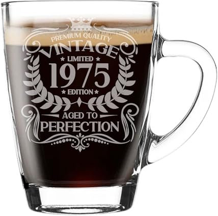 50th Birthday Gift for Men Vintage 1975 Aged to Perfection Engraved Glass Mug Gift for Coffee Lovers Tea Cup Present for 50 Year Old 300ml Coffee Mug Funny Novelty Mug Gift For Men or Women
