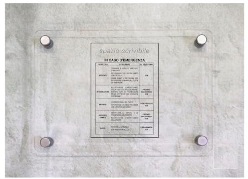 Global Targa Cartello in plexiglass - NUMERI UTILI IN CASO DI EMERGENZA - INDICAZIONI - Con Distanziali in acciaio inox, Stampa UV (15x21 cm)