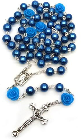 Kuesn Amethyst Catholic Rosary Necklace 6mm Purple Pearl Beads Rose Flower Cross Religious Necklace (Dark Blue)