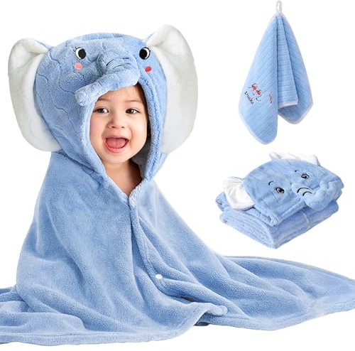shengo Baby Badetuch 80x120cm, Kinder Kapuzenhandtuch mit Korallenfleece Handtuch, Dickes und Ultra weiches Bade-Tuch niedliches Tier Badetuch Strandtuch mit Kapuze für Baby Jungen Mädchen (Blue)
