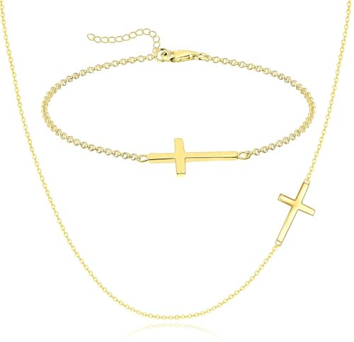 ZENGSING Kreuz Kette Damen Gold Silber Armband für Mädchen Damen Kreuz Armbänder Armband aus Edelstahl Ankerkette Halskette mit Verschluss Valentinstag Geburtstags Geschenk für für Frauen (Gold)
