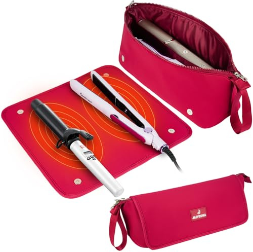 Jaffzora Hair Tools Travel Bag with Heat Resistant Mat and Lining, Portable 2 in 1 Hair Storage Bag for Curling Iron, Flat Irons, Straighteners and Haircare Accessories(Red)