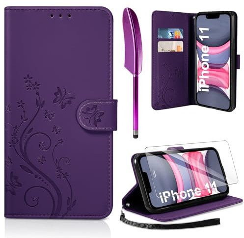AROYI Lederhülle Kompatibel mit iPhone 11 Hülle und Schutzfolie, Flip Wallet Handyhülle PU Leder Case Kartensteckplätzen Schutzhülle Kompatibel mit iPhone 11 Dunkel Violett