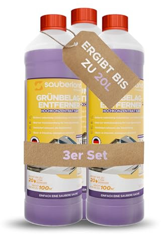 sauberland® Grünbelagentferner 3L [Konzentrat für 60L] – Selbsttätige Entfernung von Grünspan, Moos, Algen & Flechten uvm. | Steinreiniger für Terrassen, Steine, Fassaden, Dächer | Chlor- & Säurefrei