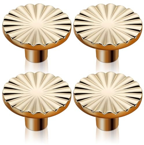 Brushed Gold Cabinet Knobs, 4 Pack Door Kitchen Hardware Cupboard Knobs, Brass Kitchen Solid Round Dresser Drawer Gold Drawer Handles Simple Cabinet Hardware for Drawers Cupboard Wardrobe