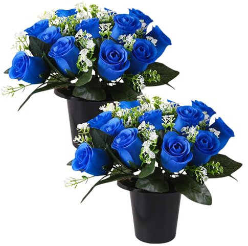 Lotvic Artificial Flowers for Graves, 25cm Grave Flowers, 2 Pcs Grave Pots with Artificial Flower, 12 Head Roses Funeral Flowers, Artificial Flower for Cemetery, Memorial, Christmas (Blue)