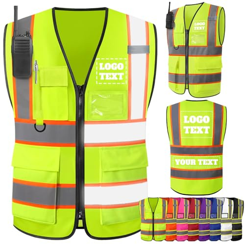 Gridachi Warnweste Sicherheitsweste mit Personalisierte Logo Text-individuellem Reflektierende,gut sichtbare,zweifarbige Arbeitsweste für Herren,Baujackenwesten mit Reißverschlusstaschen