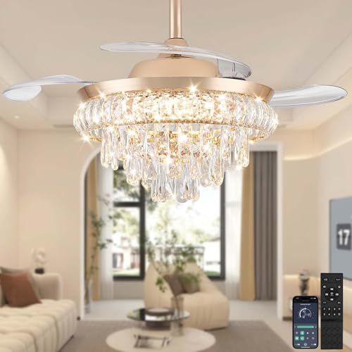 Crystal Ceiling Fans with Lights and Remote Dimmable Chandelier Ceiling Fan with Lamps Bladeless Modern Gold Ceiling Fan for Bedroom Living Room Dining Room with 3 Color Change Reversible and 6 Speeds