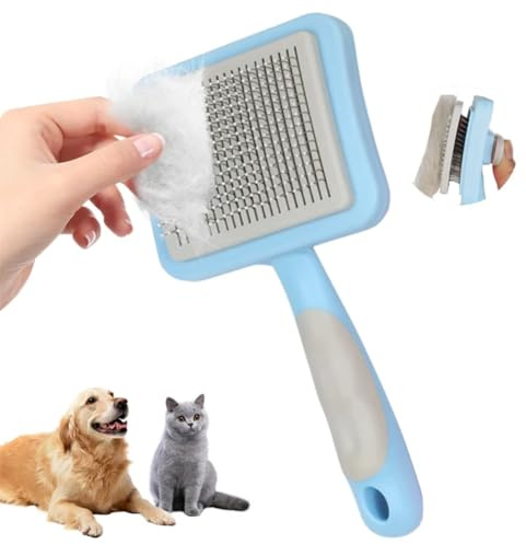 Katzenbürste Hundebürste Langhaar Kurzhaar, Selbstreinigende Fellbürste Hund Katze, Tierhaarbürste Zupfbürste für Entfernt Unterwolle, Katzen & Hunde Bürste zur Massage & Pflege, Blau