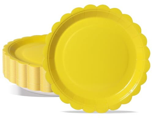 PYAILI 7 Inch Yellow Scalloped Foil Polka Dot Disposable Paper Plates | 18cm yellow wavy foil dot disposable plates, ideal for birthdays & carnivals, 50 Pack