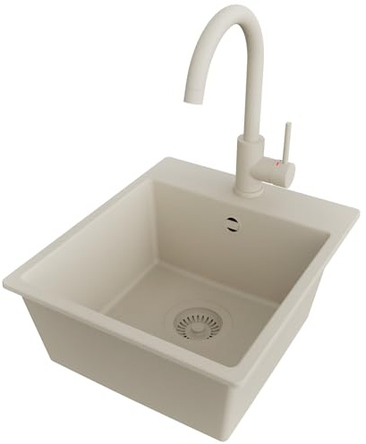 PRIMAGRAN Granitspüle ab 40er Unterschrank + Küchenarmatur, 38x44cm | Set: Küchenarmatur BW5010 + Ablauf-Set (Siphon, Ablaufgarnitur, Überlauf) + Spülbecken 1 Becken - Riga Easy, Alles Beige