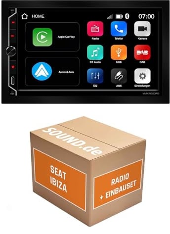 Autoradio Einbaupaket für ESX VMX700DAB kompatibel mit Seat Ibiza IV 6J, Lenkradfernbedienung Azabache schwarz | CarPlay Wireless Android Auto Wireless Bluetooth