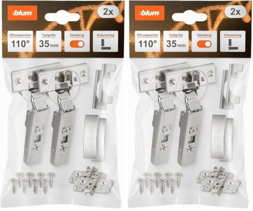 BLUM 2x CLIP top BLUMOTION Möbelscharnier 110° I Softclose Topfscharnier 35mm I separat montierbare CLIP Kreuzmontageplatte, 0mm Distanz | Dreidimensionale Fronteinstellung | Vernickelt | Eckanschlag