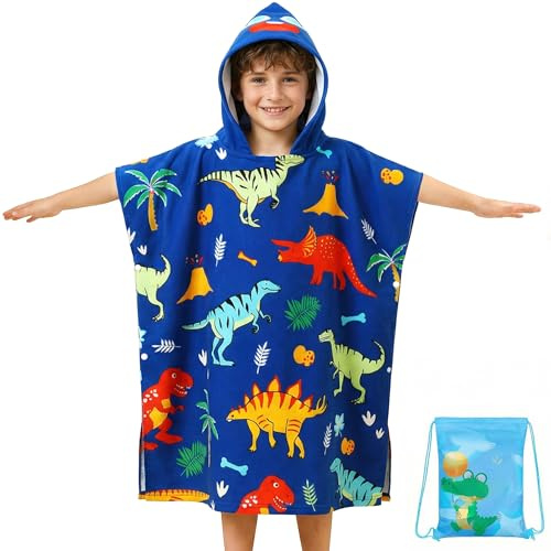 Domueay Jungen Badeponcho mit Kapuze, Weich Mikrofaser Badetücher Blauer Hai Strandtücher Poncho Saugfähig Handtuch kapuzenhandtuch 75 x 180cm Kinder für Strand Schwimmbad, 6-15 Jahre