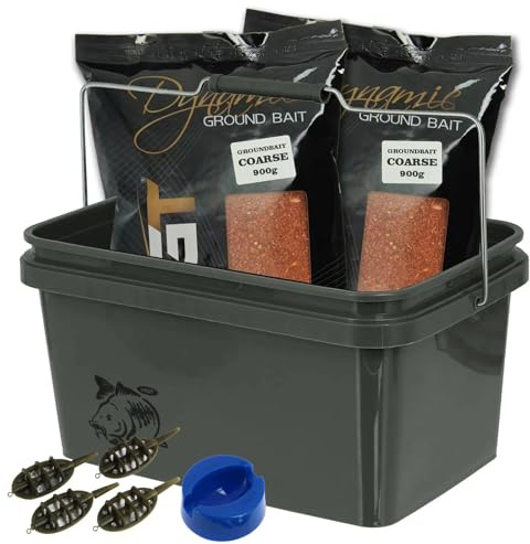 Dynamic Carp Coarse Groundbait Set 2 x 900g with 5L Airtight Bait Bucket, In-Line Method Feeders 15g 20g 24g 30g Set, Coarse & Carp Fishing Kit