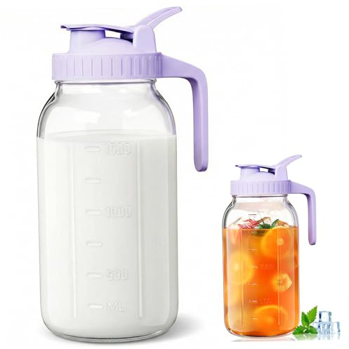 Pichet à lait maternel en verre, bouteille de stockage de lait maternel 64 oz avec bouchon rabattable et bec verseur, pichet mélangeur formule anti-fuite, passe au réfrigérateur et au congélate