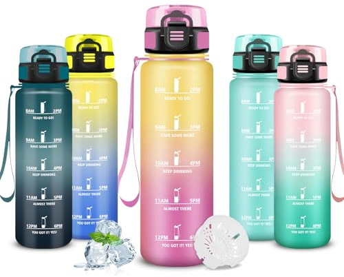 Mujigaga Gourde- 500ml- Gourde Enfant, Anti Fuite, Gourdes Graduée pour 1 Journee, Gourdes Graduée, avec Slogan de Motivation, Bouteille d'eau pour École, Natation, Canicule, Bureau, Après-Sport