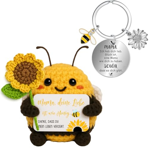 Farbeele Geschenke für Mama, Handgehäkelte Biene mit Glücksbringer Schlüsselanhänger, Geschenke Geburtstag von Tochter Sohn, Bester Mama Geschenk zum Geburtstag Muttertag Weihnachten