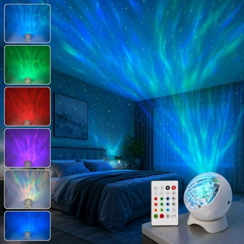 Galaxy Projector Light, 10 Colours, Remote, 1–3h timer, Northern Lights | 360° Aurora Waves and Green Stars with Adjustable Brightness and Speed for Relaxing Bedrooms and Parties Decor, Kids & Adults