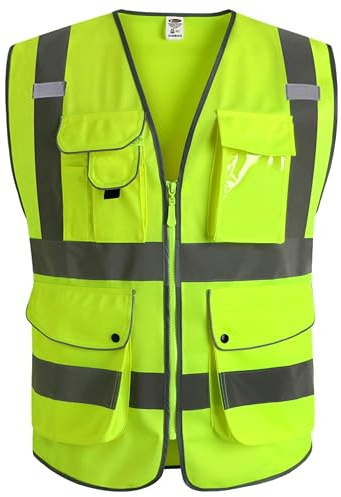 JKSafety 9 Pockets Class 2 High Visibility Zipper Front Safety Vest With Reflective Strips,Meets ANSI/ISEA Standard (XX-Large, Yellow)