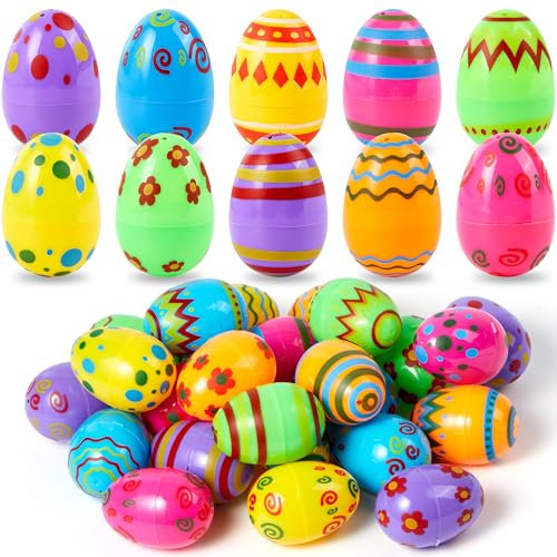 JOYIN 72 Stück Kunststoff Bedruckte helle Ostereier 5,8 cm hoch für Osterjagd, Korbfüller, Klassenzimmer-Preisbedarf, Füllung von Leckereien und Partygeschenken
