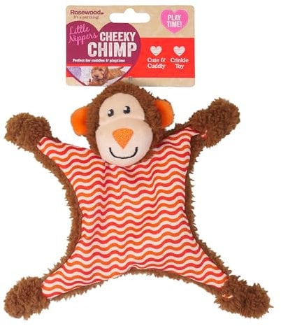 Rosewood Little Nippers Cheeky Chimp Puppy Toy – Enriching Soft Plush Dog Toy with Flat Body – Crinkle and Squeak Teething Toy for Puppies – Small Dog Chew Toy for Play and Comfort