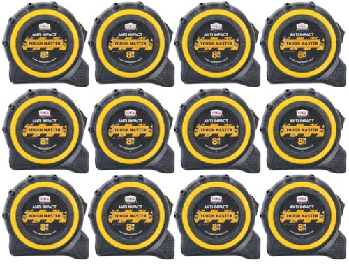 TOUGH MASTER Strong DIY8m/26ft Metric/Imperial Lightweight Belt Clip Tape Measure 25mm Wide Impact Resistant For Carpenters, Plumbers, Electricians (12)