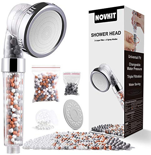 NOVKIT Duschkopf Handbrause mit Öko Ionen Filter Mineralsteinen und 3 Strahlarten, Wassersparende und Druckerhöhende Duschbrause mit 3-Lagen-Filtration und zusätzlichen Steinen