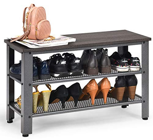 COSTWAY Schuhbank mit Metallrahmen, Schuhregal mit 2 Gitterablagen, Schuhschrank im Industriedesign, Konsolentisch für Eingang, Wohnzimmer (Dunkelbraun und grau)