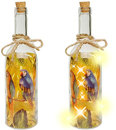 alles-meine.de GmbH 4 Stück Glas - LICHT Dekoflaschen - 5 Stück LED - Papagei & Tropen Blätter - orange - Lichtflaschen/Flaschen mit Licht - 30 cm - Batterie betrieben - warm..