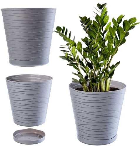 KADAX Pot de Fleurs en Plastique avec Soucoupe Incorporée, Pot de Plantes avec Conception Raffinée pour la Décoration d'Intérieur (19 cm, Gris)