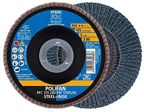 PFERD Fächerscheibe POLIFAN 5 Stück | Ø 125 mm, Z 80, konisch, PSF STEELOX | 69398194 – für Stahl und Edelstahl (INOX)