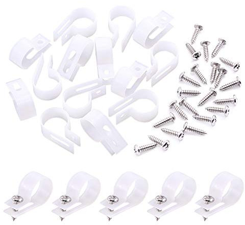 Swpeet 120 Pack White 3/4 Inch Nylon Plastic R-Type Cable Clips Clamp Kit, Nylon Screw Mounting Cord Fastener Clips with 120 Pack Screws for Wire Management (3/4 Inch, White)