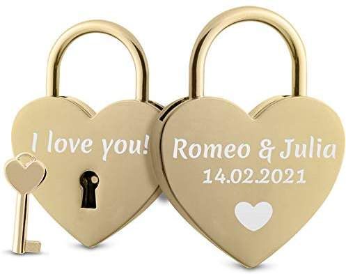 Herz Liebesschloss mit Gravur und Schlüssel - herzförmiges Schloss mit Motiv, Namen und Datum (Gold)
