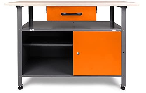 Ondis24 Montagewerkbank Werkbank Klaus 120 cm, Metall, abschließbarer Tür, höhenverstellbare Füße (Arbeitshöhe 85 cm, Orange)