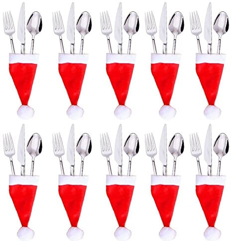 FlYHIGH 10 er Set Bestecktasche Weihnachten - Mini Weihnachtsdeko Bestecktaschen – Besteckhalter Weihnachtsmann Mütze Tischdeko für Esstisch, Baumschmuck, Weinflasche, Neujahr Partydeko r (10er Set)